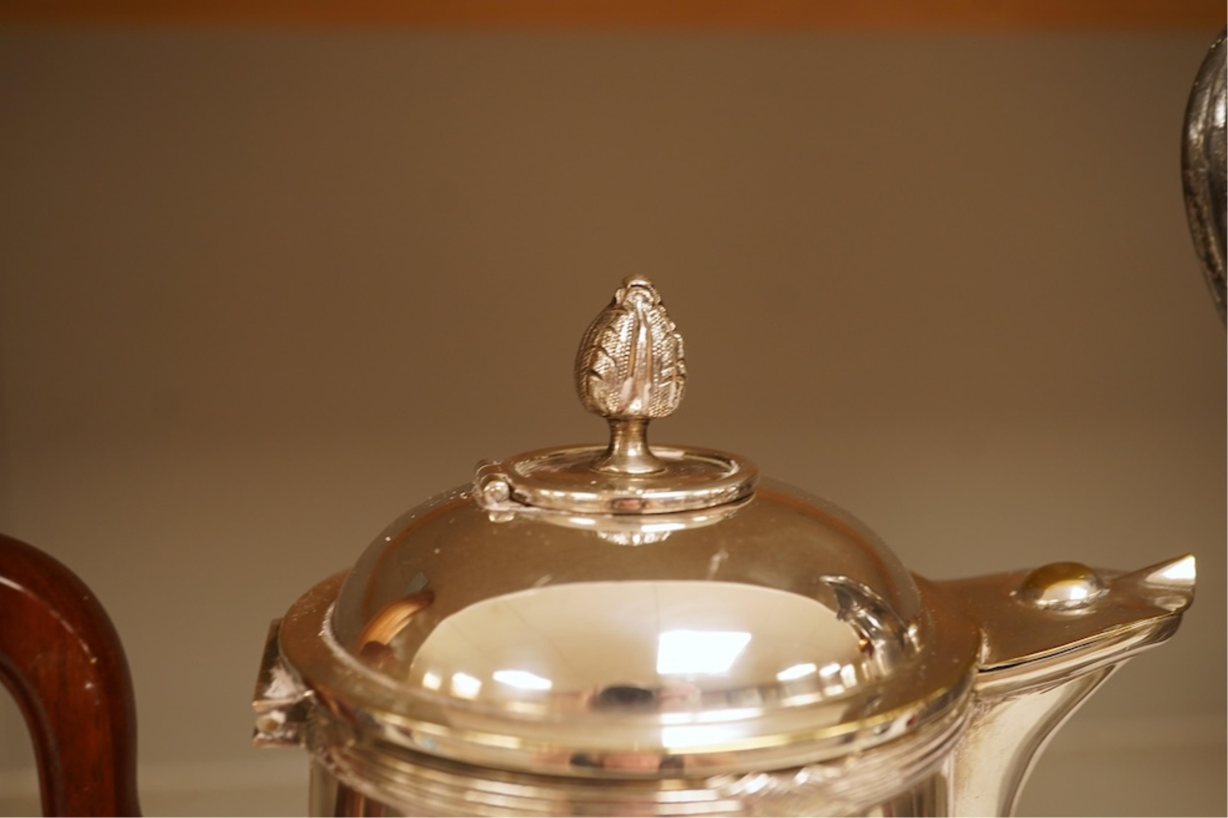 An Art Nouveau silver plated vase in WMF style, and a plated chocolate pot, vase 30cm high